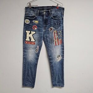 American Eagle x Keith Haring Jeans Mens Blue Slim Fit Embroidered Patches 36x34